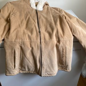 Cream colored jacket with faux fur inside crushed leather suede feel